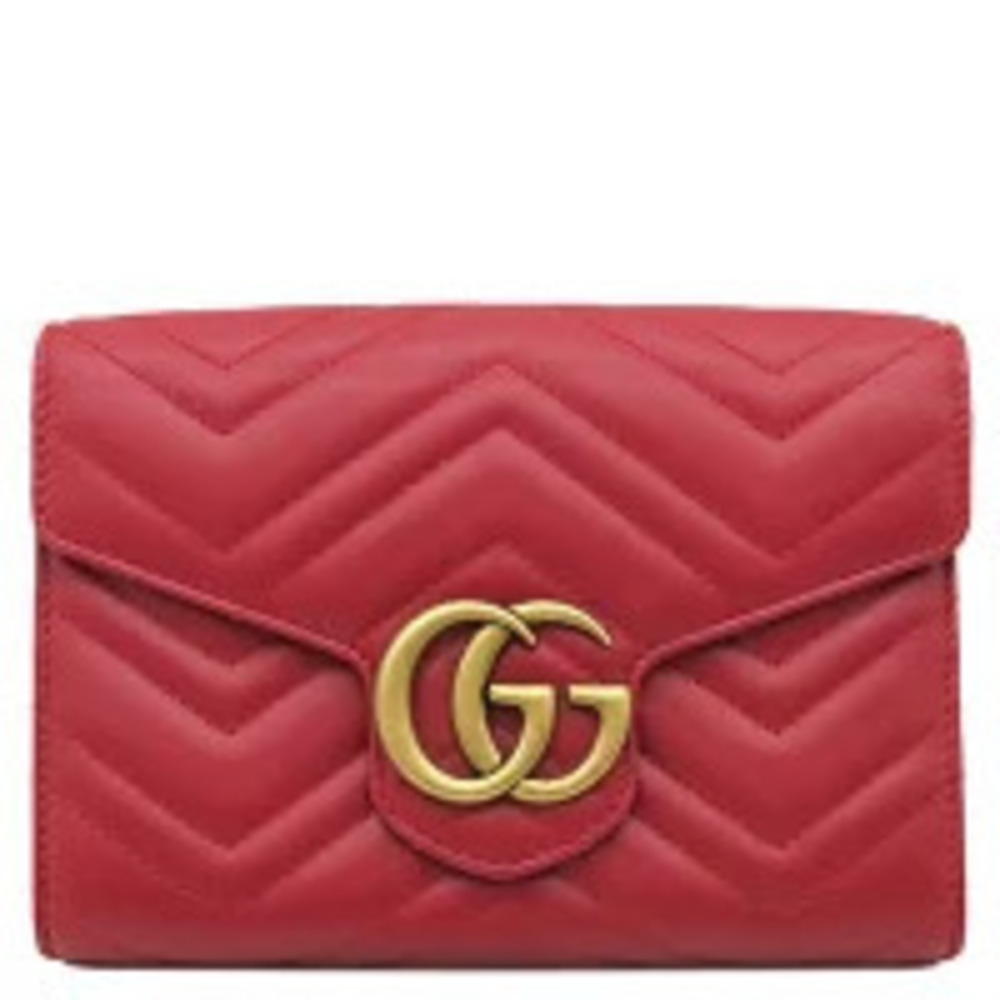 Gucci GG Marmont Chain Wallet Red Leather Shoulder Bag Chevron Quilting